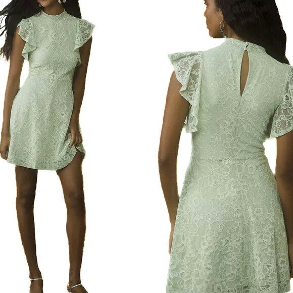 Anthropologie Maeve Mock-Neck Mini Dress Lace Floral Moss Green Size S - NWT